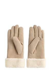 Bež rokavice z mehkimi nubuk površinami in volnenim kremastim robom, s pet-prstno zasnovo in teksturirano dlanjo za boljši oprijem.