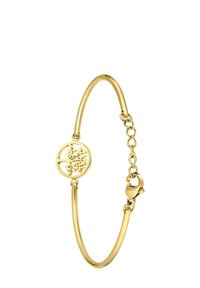 Gouden armband met een ronde hanger met een boomontwerp, een gladde oppervlakte en een karabijnsluitingen met een verstelbare ketting.