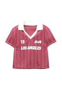 Maronfarvet sportsjersey med korte ærmer, hvid krave, lodrette striber, nummer 10, "L.A." logo og "LOS ANGELES" tekst foran.