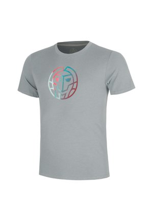 T-shirt gris clair à manches courtes avec un col rond et un logo visage abstrait multicolore centré sur la poitrine.