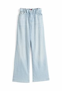 Pantalones de pierna ancha a rayas azul claro con cinturilla elástica y detalles de costura. Hechos de tela de mezclilla, con un ajuste relajado.