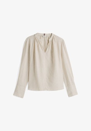 Lange mouwen, lichtgewicht blouse in off-white met smalle verticale strepen, diepe V-hals, geplooide details bij de schouders en brede manchetten.