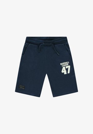 Marineblauwe casual shorts met elastische tailleband, trekkoord, zijzakken, tekst "BASEBALL LEAGUE 47" op het rechterbeen en een klein patch op het linkerbeen.
