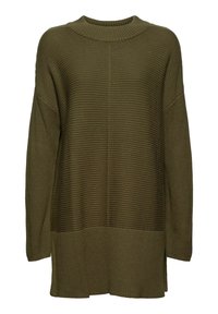 Pull en maille côtelée vert olive avec manches longues, épaules tombantes, col rond et fentes sur les côtés.