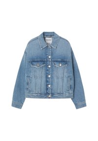 Svetle modrá džínsová bunda se klasickým designem, předními kapsami, knoflíkovým zapínáním a špičatým límcem s viditelnými švy.