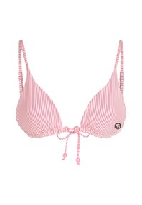 Rožinė ir balta dryžuota bikini viršutinė dalis su trikampėmis puodeliais, reguliuojamomis petnešomis ir dekoratyviu raiščiu su karoliukais centre.
