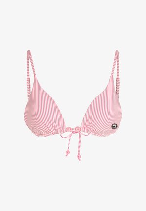 Rozā un baltā svītrainā bikini tops ar trīsstūra kausiem, regulējamām siksnām un priekšējo saišu ar dekoratīvām pērlītēm centrā.