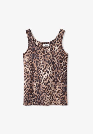 Débardeur à imprimé léopard en brun et beige. Le tissu est doux avec une texture lisse. Il présente des bretelles larges et une encolure plongeante.