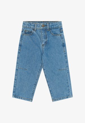 Blauwe denim peuterbroek met knoop aan de voorkant, riemlussen en zakken, met een rechte pijp en subtiele stikseldetails.