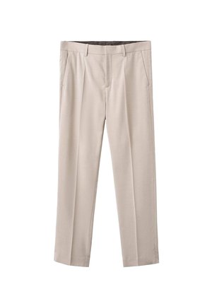 Pantalones beiges con un diseño a medida, que cuentan con un frente plano, bolsillos laterales y una textura suave. Largo estándar con líneas limpias.