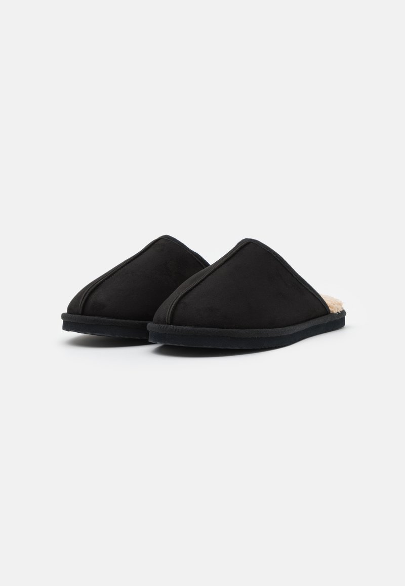 Slippers in suede nero con un design triangolare, dotati di una morbida fodera interna e una suola in gomma resistente per comfort e supporto.