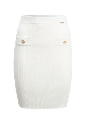 Witte geribde gebreide mini-rok met twee voorzakken met klep, versierd met gouden knopen en een klein gouden merkembleem bij de tailleband.