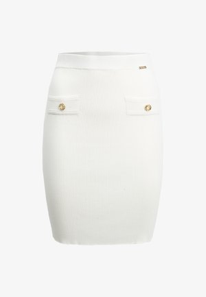Witte geribde gebreide mini-rok met twee voorzakken met klep, versierd met gouden knopen en een klein gouden merkembleem bij de tailleband.