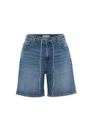 Plave traper kratke hlače s visokim strukom, prednjim džepovima, prorezima za remen, patent zatvaračem i remenom od istog materijala vezanim u mašnu u struku.