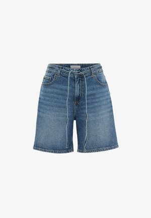 Plave traper kratke hlače s visokim strukom, prednjim džepovima, prorezima za remen, patent zatvaračem i remenom od istog materijala vezanim u mašnu u struku.