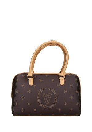 Borsa marrone scuro con manici beige, caratterizzata da un motivo floreale marrone chiaro e un logo centrale di un "V" stilizzato all'interno di una corona d'alloro.