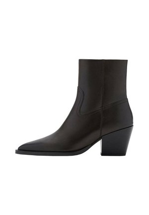 Bota de tobillo de cuero negro con punta puntiaguda y tacón bajo de bloque, vista lateral sobre fondo blanco.