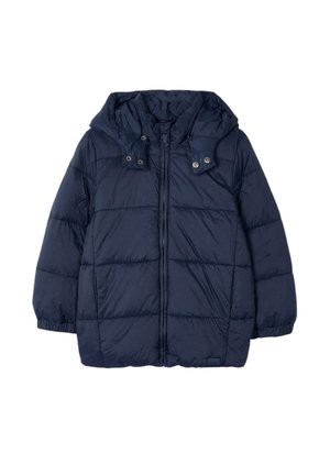 Doudoune matelassée bleu marine avec capuche amovible, fermeture éclair à l'avant, poignets élastiques et boutons-pression au niveau du col.