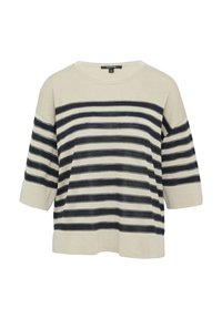 Sweter we wzory w beżowo-granatowe paski, o luźnym kroju, krótkich rękawach i okrągłym dekolcie. Miękka tekstura, casualowy design.