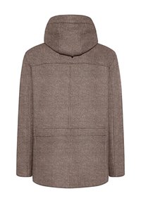 Brauner Wollmantel mit Kapuze, gerader Schnitt,Nahtdetails und zwei Vordertaschen. Strukturierte Oberfläche mit weichem Erscheinungsbild.