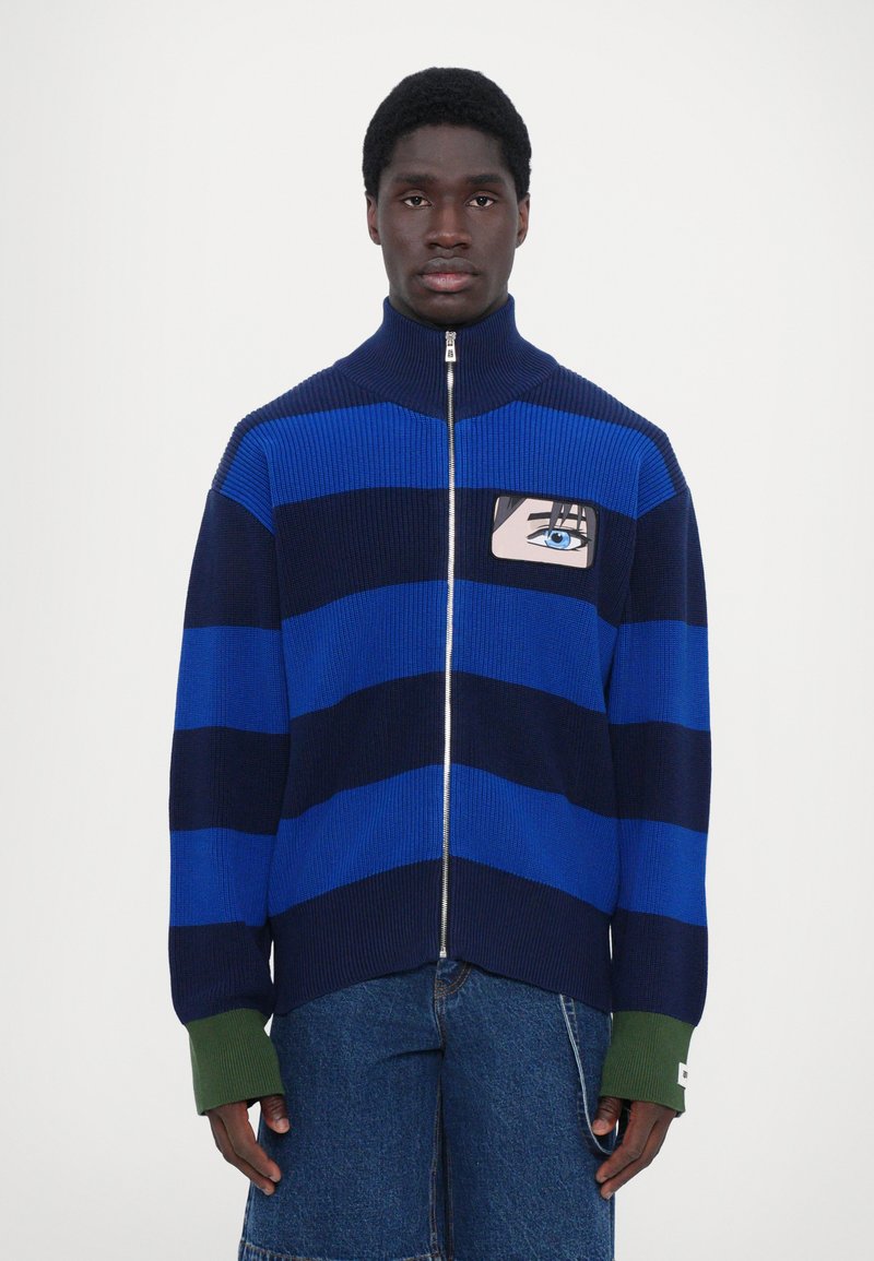 Blue and navy striped knit zip-up sweater with high collar and green ribbed cuffs. Features a graphic patch with an eye design.