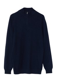 Maglione lavorato a maglia blu navy con colletto alto e mezza zip. Presenta un motivo a diamante texture nella parte superiore e polsini a coste.
