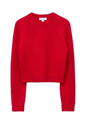 Red cropped sweater made of soft knit fabric. Features a round neckline and ribbed cuffs and hem. Smooth texture, classic design.