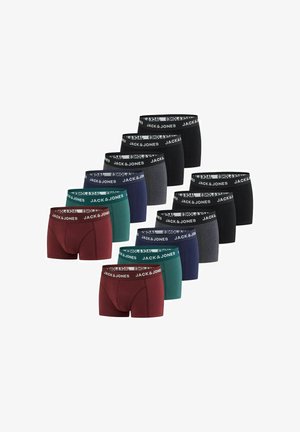 Men's boxer briefs in assorted colors: navy, black, grey, burgundy, and green. Features a black branded waistband with text.