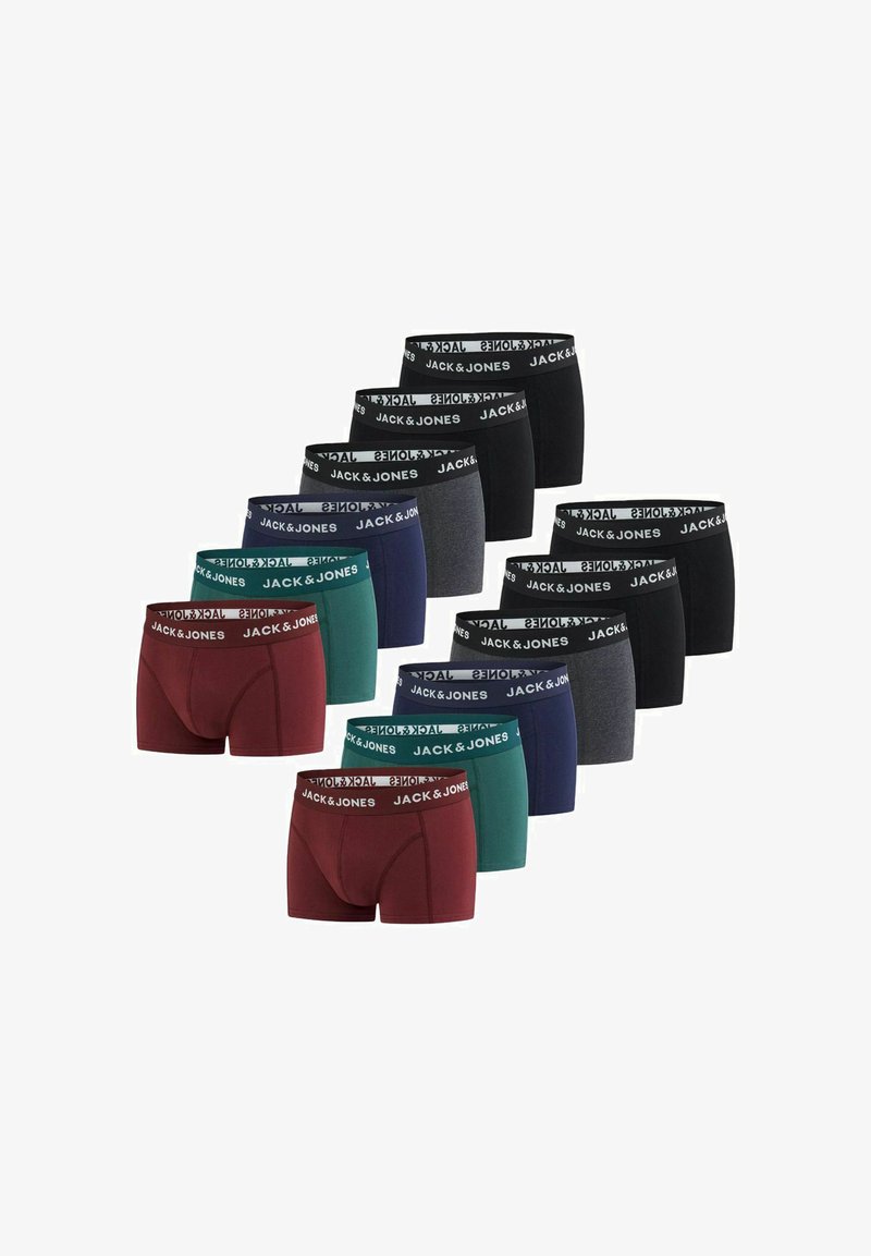 Heren boxershorts in verschillende kleuren: marineblauw, zwart, grijs, bordeaux en groen. Voorzien van een zwarte merkband met tekst.