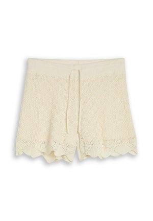 Shorts en maille couleur crème avec taille à cordon et ourlet festonné, présentant un délicat motif de dentelle géométrique.