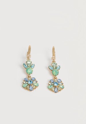 Gold-tone dangling earrings with green and blue teardrop and round gemstones arranged in floral patterns.