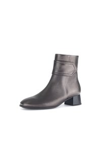 Stiefelette aus metallisch bronze Leder mit niedrigem Blockabsatz, ausgestattet mit einem strukturierten Band und einem eleganten, abgerundeten Zehendesign.