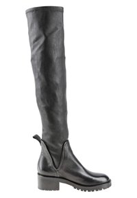 Botas negras de cuero sobre la rodilla con textura suave, puntera redonda, tacón bajo en bloque y una lengüeta en la parte trasera para ponerlas fácilmente.