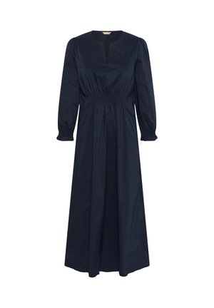 Navy blue midi dress in lightweight fabric featuring a v-neck, smocked waist, long sleeves, and gathered detail at the cuffs.