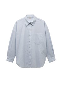 Camisa de manga larga a rayas azul y blanca, con diseño de botones, que cuenta con un bolsillo en el pecho y mangas con puños, fabricada en tejido ligero.