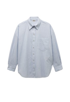 Blauw-wit gestreepte longsleeve shirt met knoopsluiting, voorzien van een borstzakje en manchetten, gemaakt van lichtgewicht stof.
