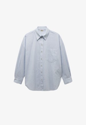 Blå og hvid stribet langærmet skjorte, med knaplukning, der har en brystlomme og manchetter, lavet af letvægtsstof.