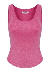 Top aderente senza maniche in tessuto a costine di un vivido rosa con una leggera lucentezza. Collo rotondo e silhouette sagomata.