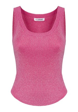 Aansluitend mouwloos topje van levendig roze geribbeld stof met een lichte glans. Ronde halslijn en een getailleerde snit.