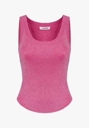 Aansluitend mouwloos topje van levendig roze geribbeld stof met een lichte glans. Ronde halslijn en een getailleerde snit.