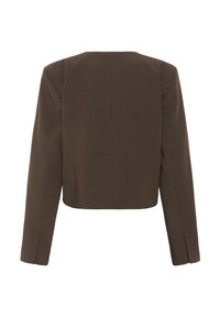 Brun langærmet cropped blazer med strukturerede skuldre, bagsøm detaljer og subtil stof tekstur.