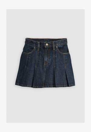 Saias pregueadas em denim azul escuro com um cós ajustado, bolsos frontais e costura em contraste. Apresenta um botão metálico e fecho por zíper.