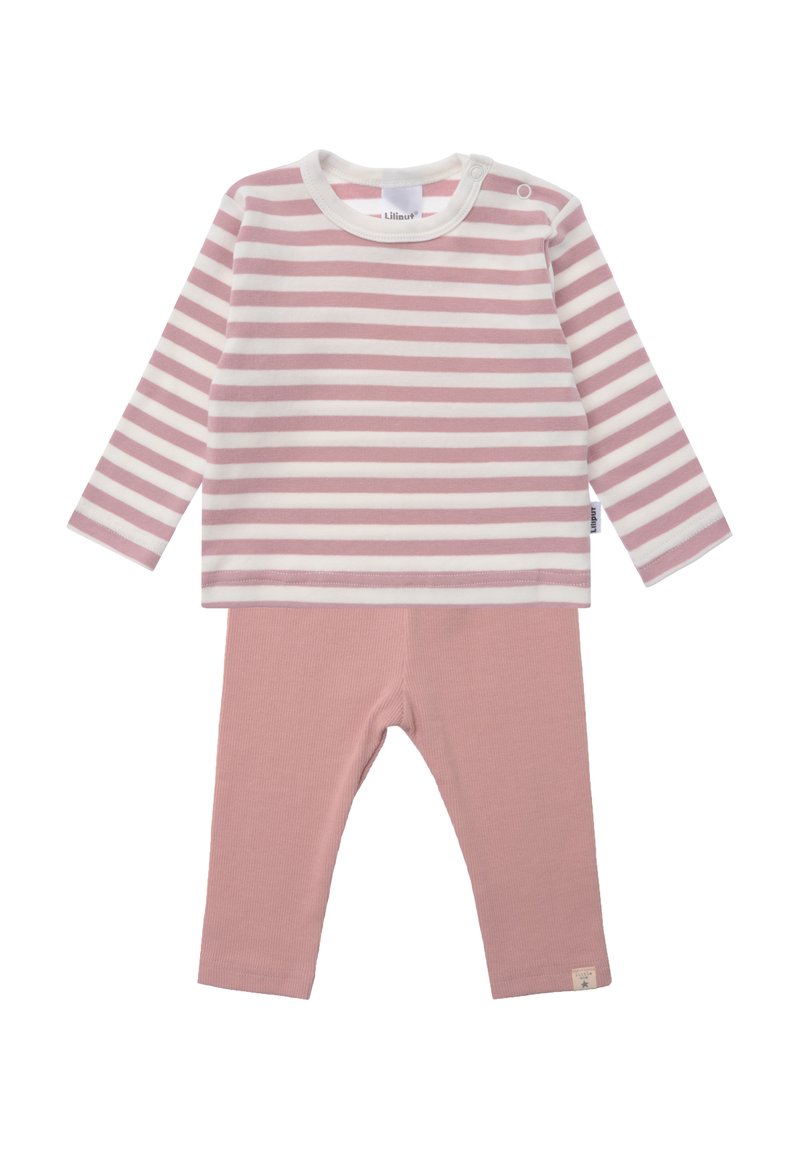 Gestreiftes langärmliges Oberteil in hellrosa und weiß, kombiniert mit gerippten, einfarbigen rosa Leggings. Baumwollstoff, lässiges Design, Druckknopfverschluss an der Schulter.