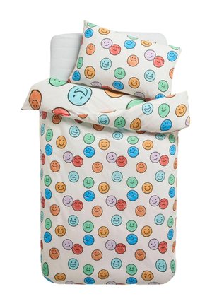 Juego de funda nórdica y funda de almohada blanca con patrones de caras sonrientes de colores en azul, verde, naranja, rojo y morado.