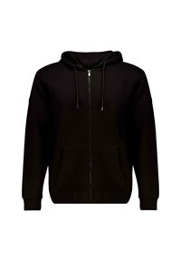 Zwarte zip-up hoodie van een katoenmix. Beschikt over trekkoorden, voorzakken en ribgebreide boorden. Gladde textuur met een volledige rits aan de voorkant.