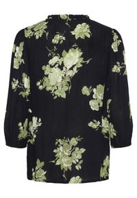 Blusa nera con motivo floreale verde, tessuto leggero, maniche a tre quarti, scollatura arricciata e polsini elasticizzati.