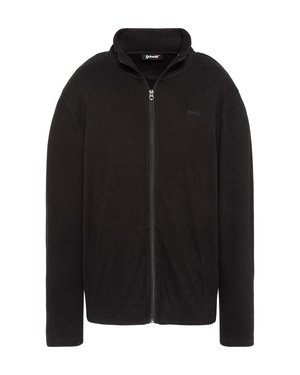 Chaqueta de forro polar negra con cremallera completa, cuello alto y logo discreto de Schott en el pecho, mangas largas y cierre frontal con cremallera.