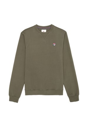 Olivgrüner Langarm-Crewneck-Sweatshirt mit gerippten Bündchen und kleinem FILA-Logo auf der linken Brust.