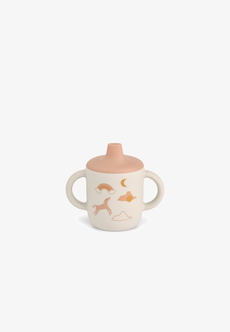 Sippy-kopp med et mykt ferskenfarget lokk, hvitt kropp med illustrasjoner av en hjort, regnbue, sol, måne og skyer. To sidehåndtak.
