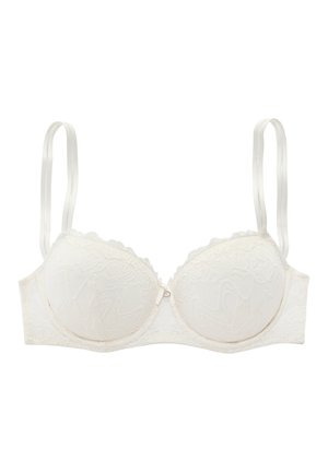 Weißer Spitzen-Bügel-BH mit verstellbaren Doppelträgern und gezackten Rändern, ausgestattet mit einer kleinen zentralen Schleife und zarten Blumenmustern.